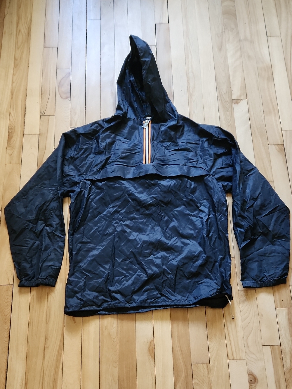K-Way Black Windbreaker with Hood and Orange Trim